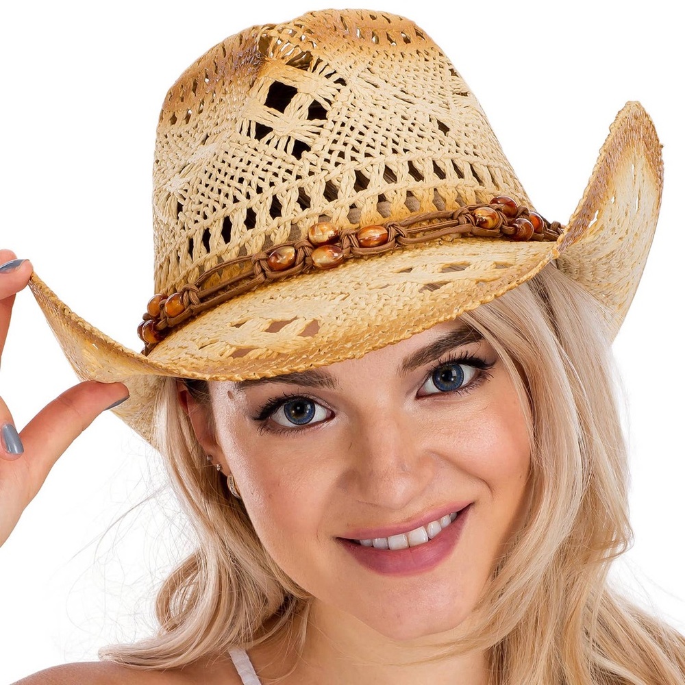 Women's Beige Straw Cowboy Hat with Beaded Band